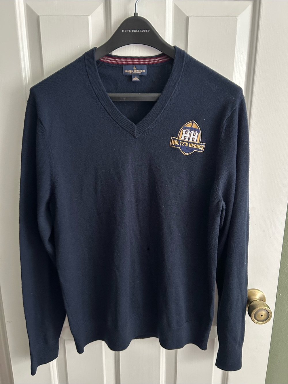 Brooks Brothers Navy V-Neck Sweater with Holtz's Heroes Patch
